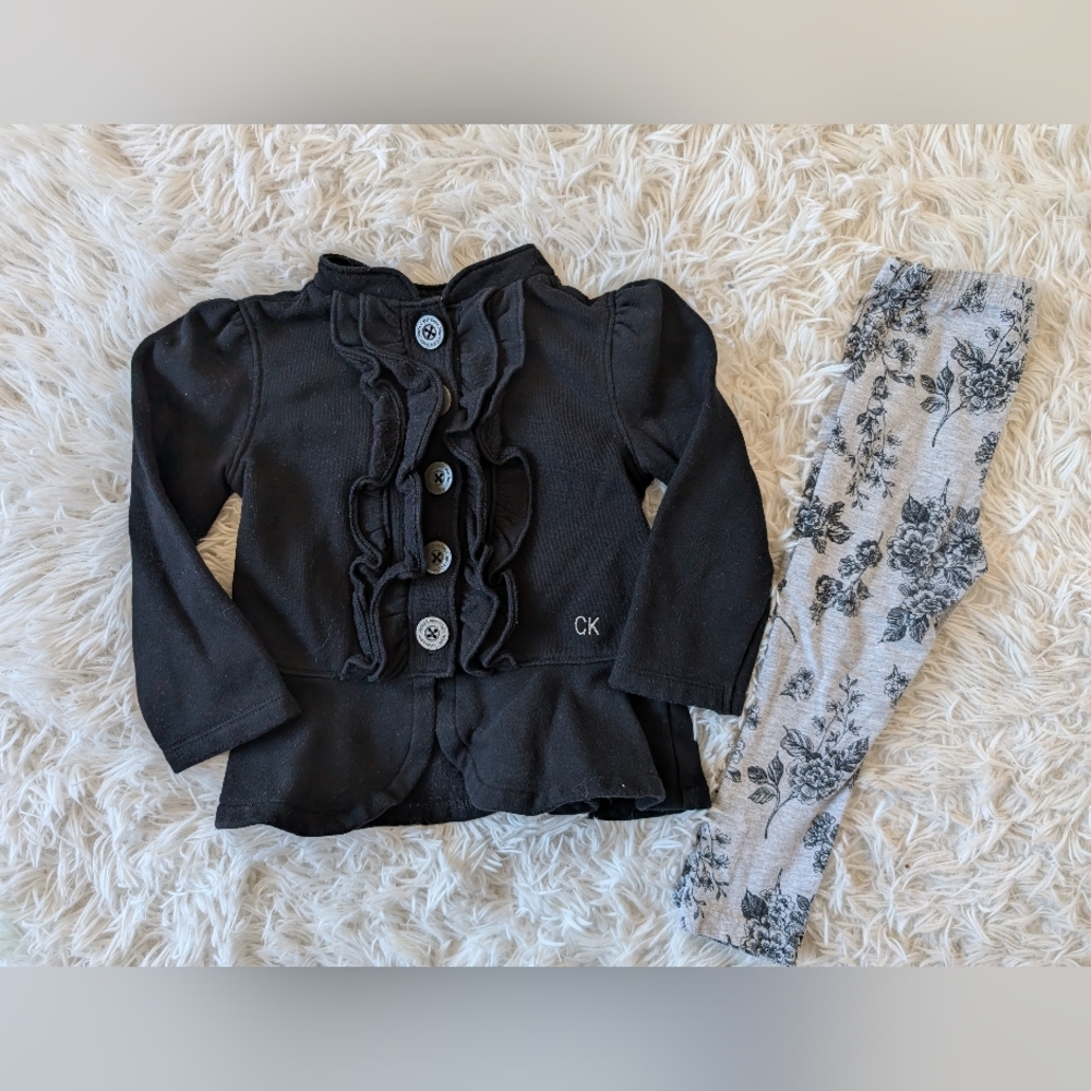 Calvin Klein Long Sleeve Jacket and Floral Legging Set In Black And grey Size 2T